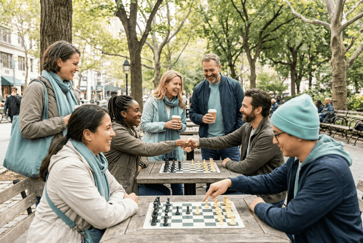 Grupo diverso de personas jugando y conviviendo alrededor de tableros de ajedrez en un parque
