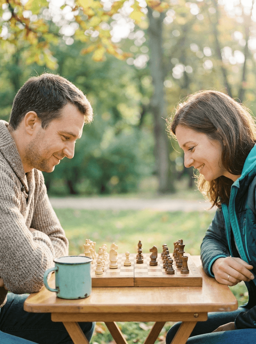 Dos personas jugando al ajedrez en una mesa de un parque